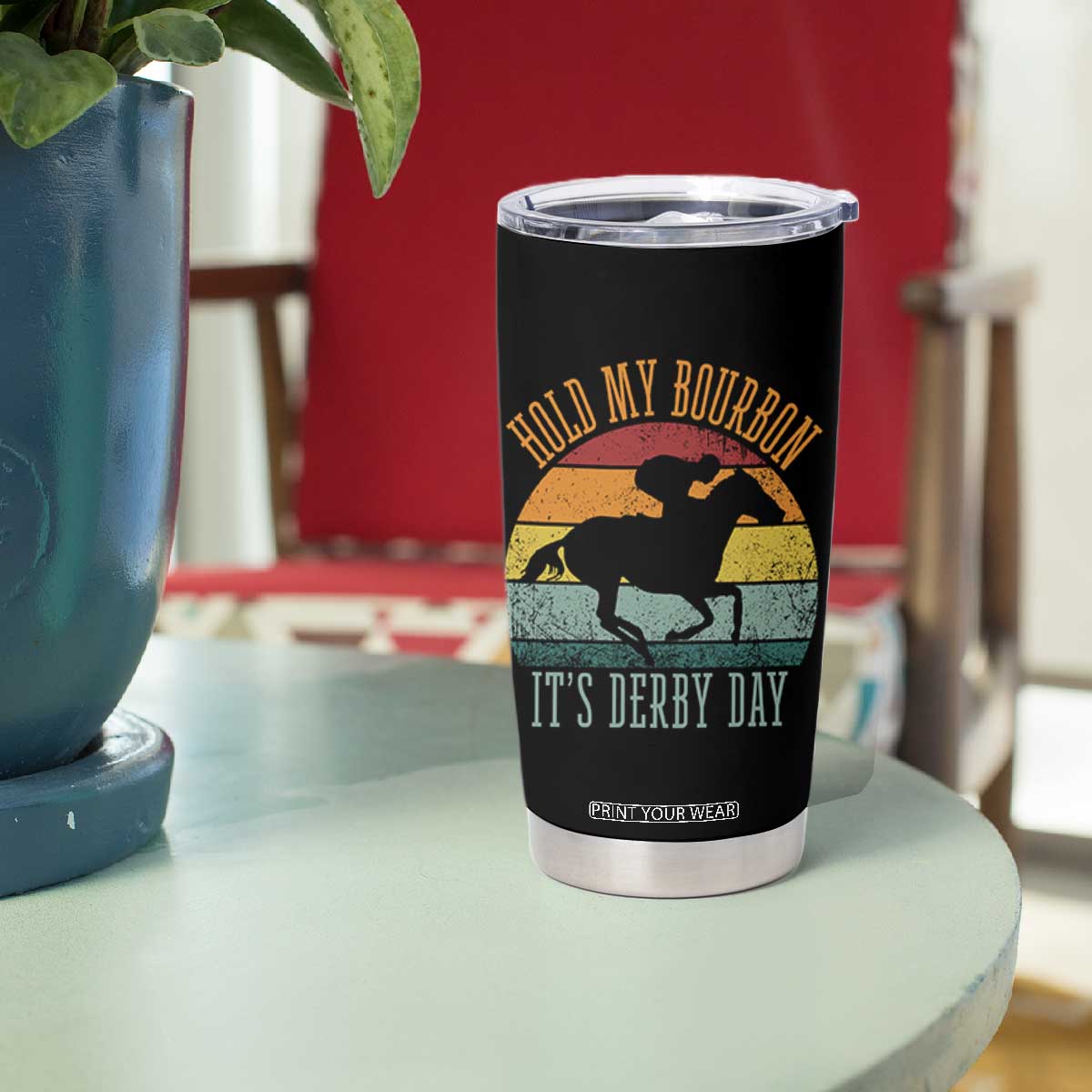 Hold My Bourbon It’s Derby Day Vintage Sunset Tumbler Cup Funny Horse Racing Enthusiast Retro Graphic TS02 Print Your Wear