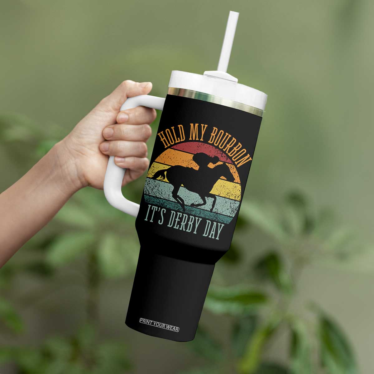 Hold My Bourbon It’s Derby Day Vintage Sunset Tumbler With Handle Funny Horse Racing Enthusiast Retro Graphic TS02 Print Your Wear