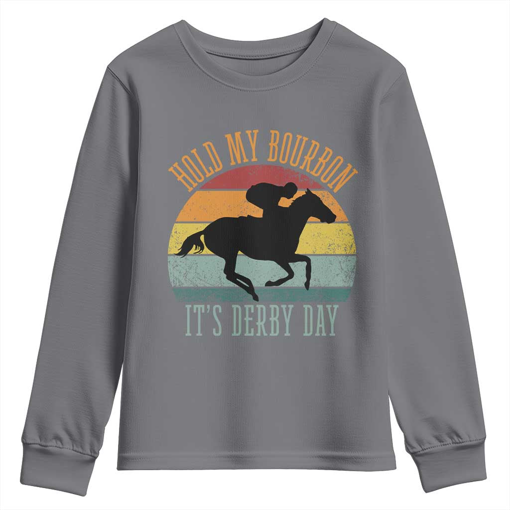 Hold My Bourbon It’s Derby Day Vintage Sunset Youth Sweatshirt Funny Horse Racing Enthusiast Retro Graphic TS02 Charcoal Print Your Wear
