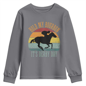 Hold My Bourbon It’s Derby Day Vintage Sunset Youth Sweatshirt Funny Horse Racing Enthusiast Retro Graphic TS02 Charcoal Print Your Wear