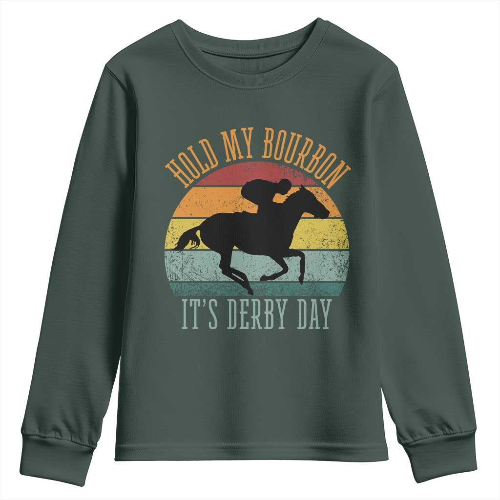 Hold My Bourbon It’s Derby Day Vintage Sunset Youth Sweatshirt Funny Horse Racing Enthusiast Retro Graphic TS02 Dark Forest Green Print Your Wear