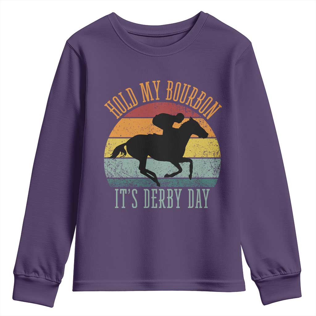 Hold My Bourbon It’s Derby Day Vintage Sunset Youth Sweatshirt Funny Horse Racing Enthusiast Retro Graphic TS02 Purple Print Your Wear