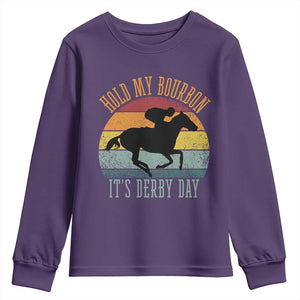 Hold My Bourbon It’s Derby Day Vintage Sunset Youth Sweatshirt Funny Horse Racing Enthusiast Retro Graphic TS02 Purple Print Your Wear