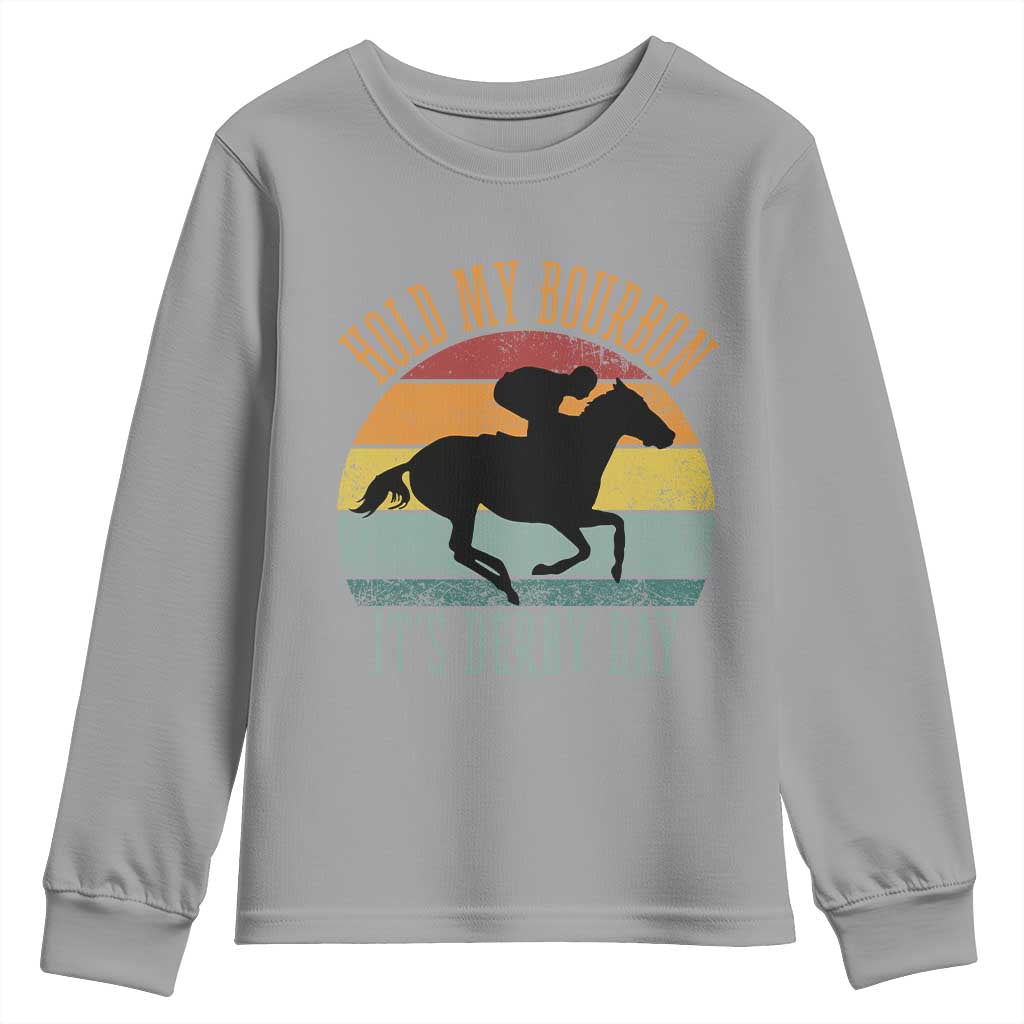 Hold My Bourbon It’s Derby Day Vintage Sunset Youth Sweatshirt Funny Horse Racing Enthusiast Retro Graphic TS02 Sport Gray Print Your Wear