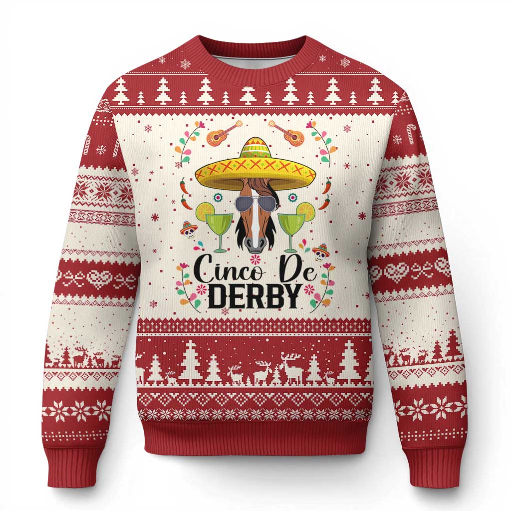 Cinco De Derby Funny Horse Racing Fiesta Ugly Christmas Sweater Mexican Sombrero and Margarita Horse Lover TS02 Beige Red Print Your Wear