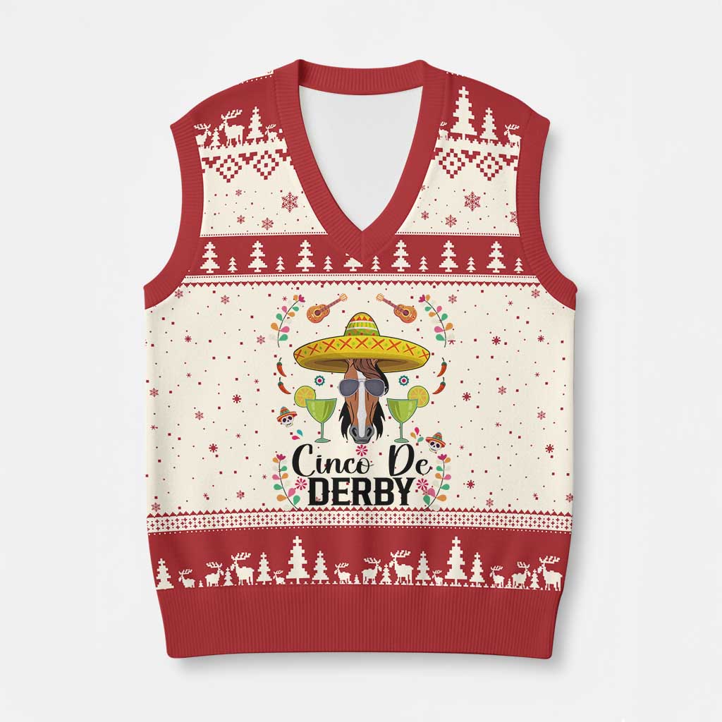Cinco De Derby Funny Horse Racing Fiesta V-Neck Knit Sweater Vest Mexican Sombrero and Margarita Horse Lover TS02 Beige Red Print Your Wear