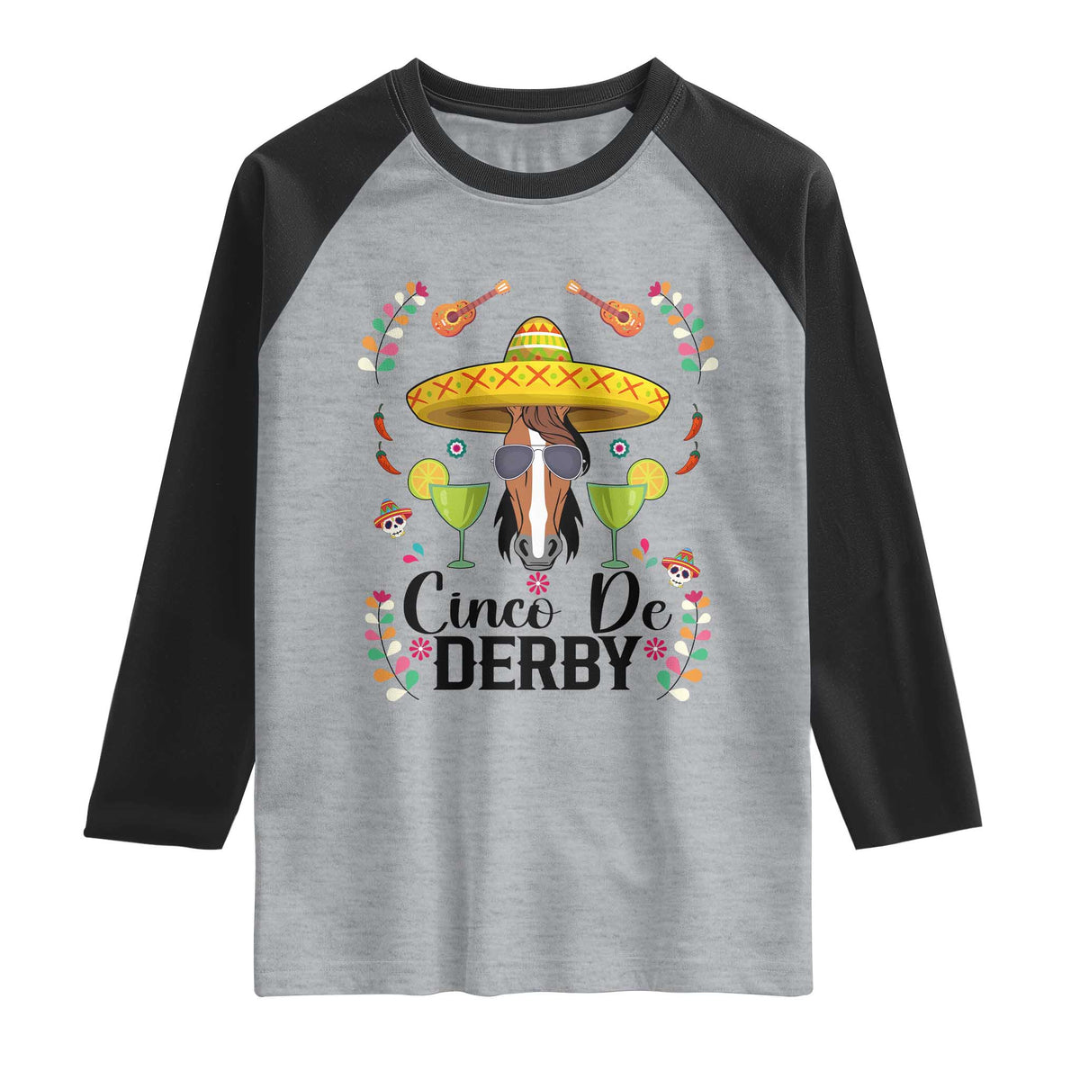 Cinco De Derby Funny Horse Racing Fiesta Raglan Shirt Mexican Sombrero and Margarita Horse Lover TS02 Heather Gray Black Print Your Wear