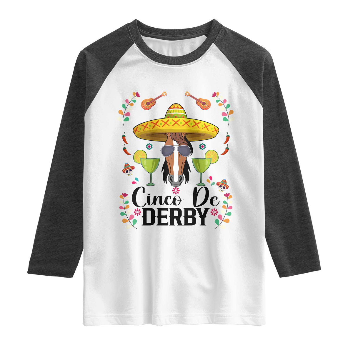 Cinco De Derby Funny Horse Racing Fiesta Raglan Shirt Mexican Sombrero and Margarita Horse Lover TS02 White Heather Charcoal Print Your Wear