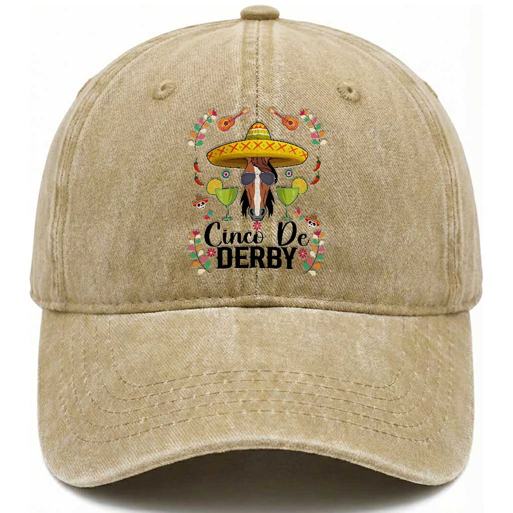 Cinco De Derby Funny Horse Racing Fiesta Washed Cotton Baseball Cap Mexican Sombrero and Margarita Horse Lover TS02 Print Your Wear