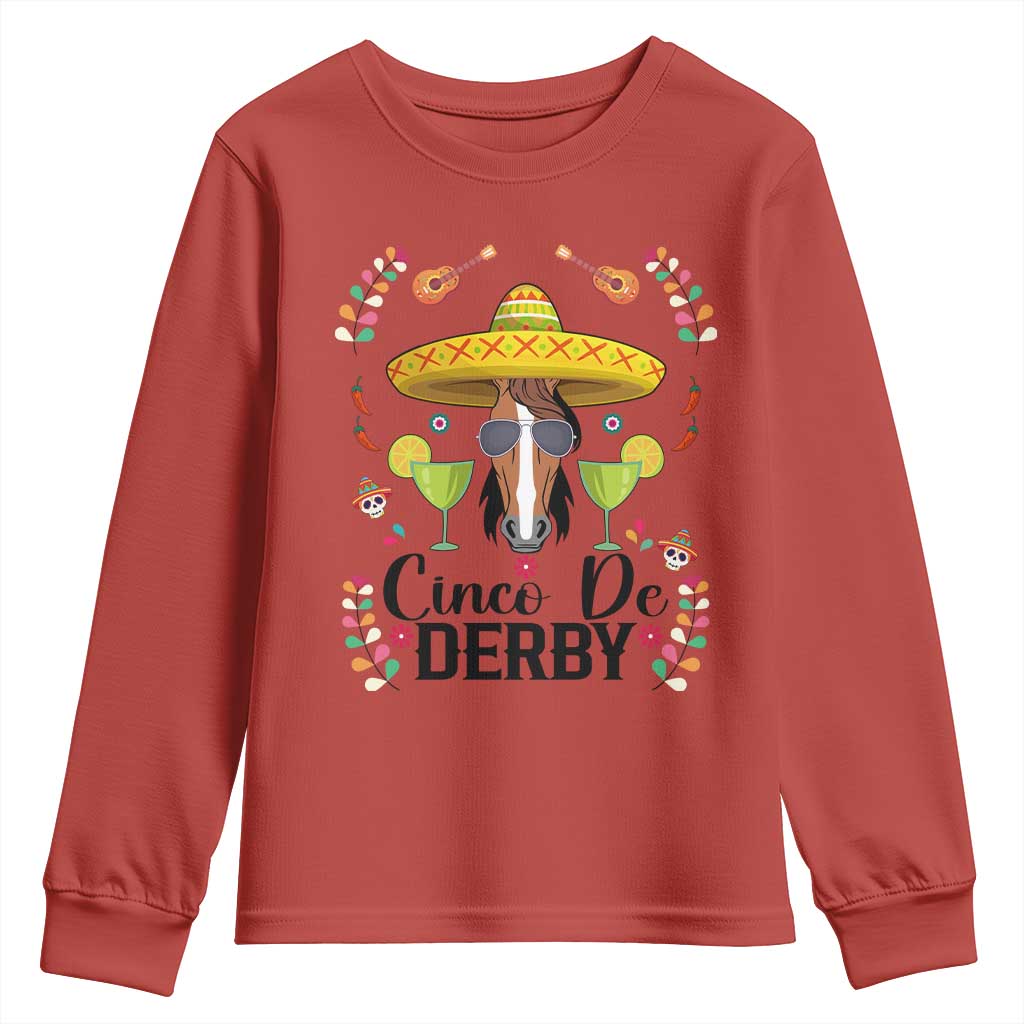 Cinco De Derby Funny Horse Racing Fiesta Youth Sweatshirt Mexican Sombrero and Margarita Horse Lover TS02 Red Print Your Wear
