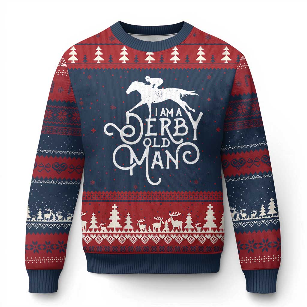 I Am A Derby Old Man Vintage Distressed Graphic Ugly Christmas Sweater Classic Horse Racing Enthusiast Father’s Day Gift TS02 Navy Red Print Your Wear