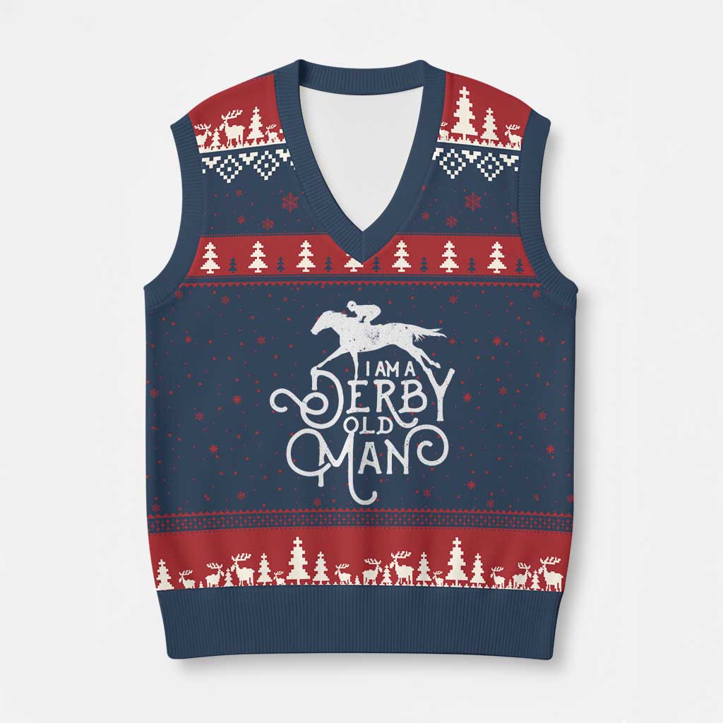 I Am A Derby Old Man Vintage Distressed Graphic V-Neck Knit Sweater Vest Classic Horse Racing Enthusiast Father’s Day Gift TS02 Navy Red Print Your Wear