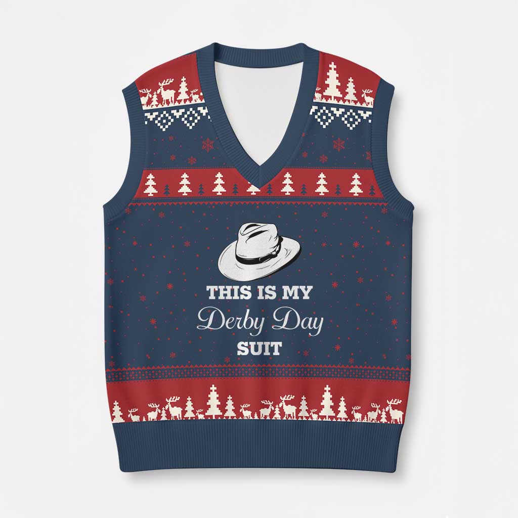 This Is My Derby Day Suit Fedora Hat Graphic V-Neck Knit Sweater Vest Funny Sarcastic Horse Racing Fan Part TS02 Navy Red Print Your Wear