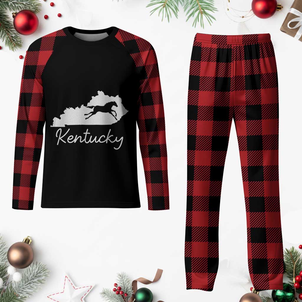 Kentucky State Map with Racing Horse Plaid Pajama Set Bluegrass State Pride Equestrian TS02 Buffalo Plaid Print Your Wear