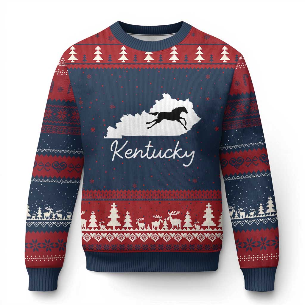 Kentucky State Map with Racing Horse Ugly Christmas Sweater Bluegrass State Pride Equestrian TS02 Navy Red Print Your Wear