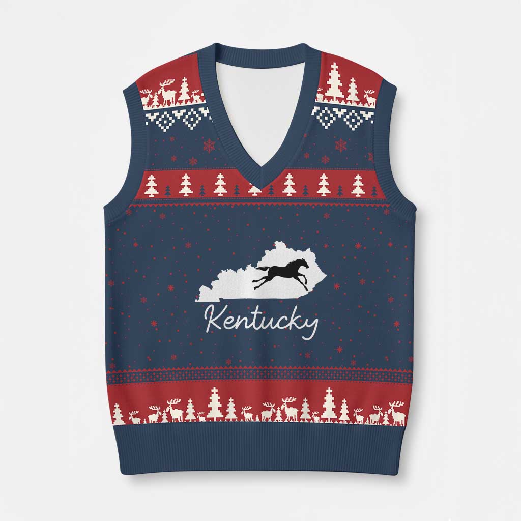 Kentucky State Map with Racing Horse V-Neck Knit Sweater Vest Bluegrass State Pride Equestrian TS02 Navy Red Print Your Wear