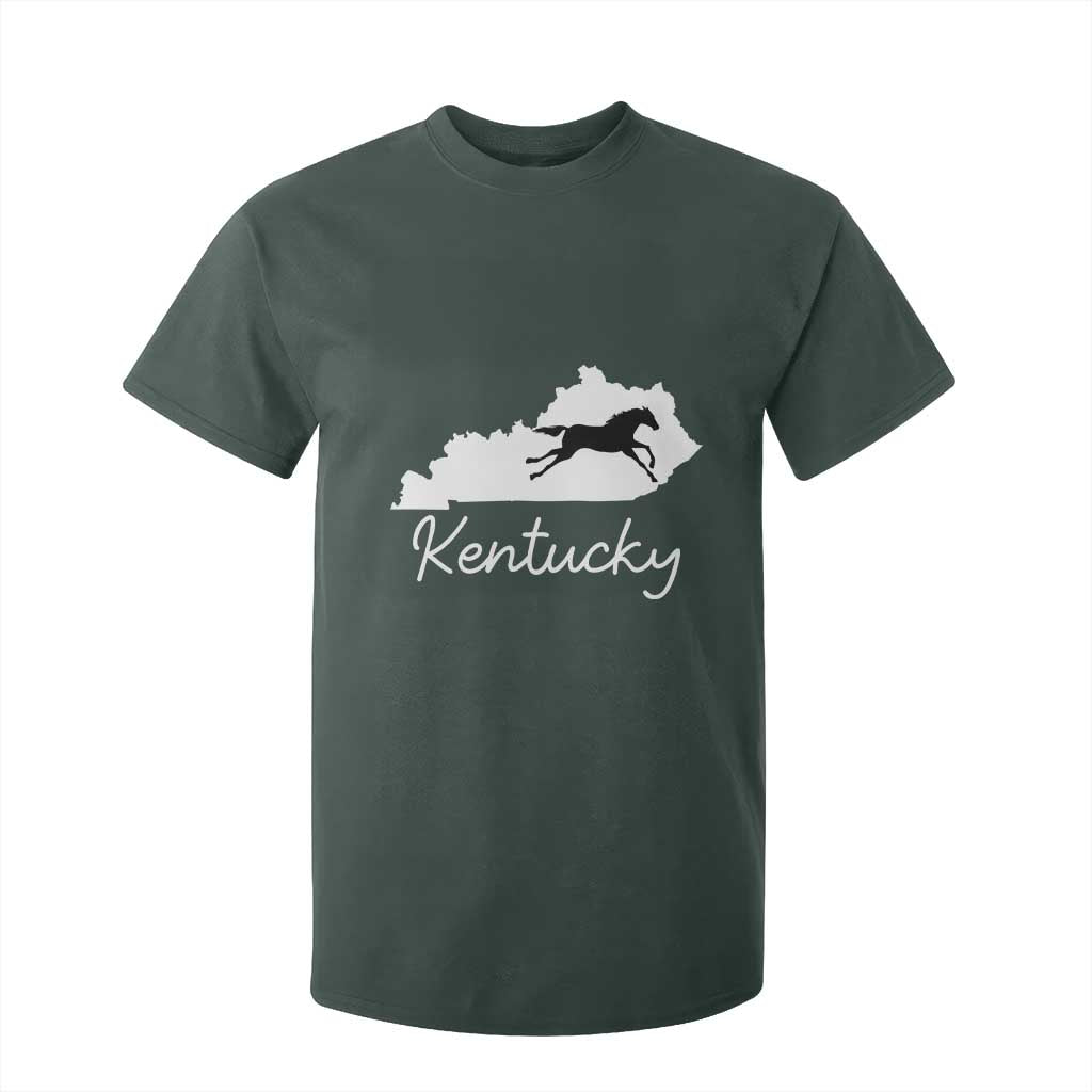 Kentucky State Map with Racing Horse T Shirt For Kid Bluegrass State Pride Equestrian TS02 Dark Forest Green Print Your Wear