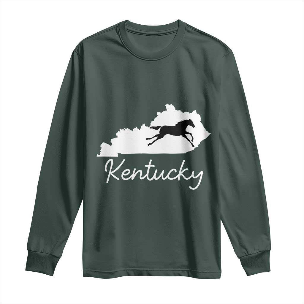 Kentucky State Map with Racing Horse Long Sleeve Shirt Bluegrass State Pride Equestrian TS02 Dark Forest Green Print Your Wear