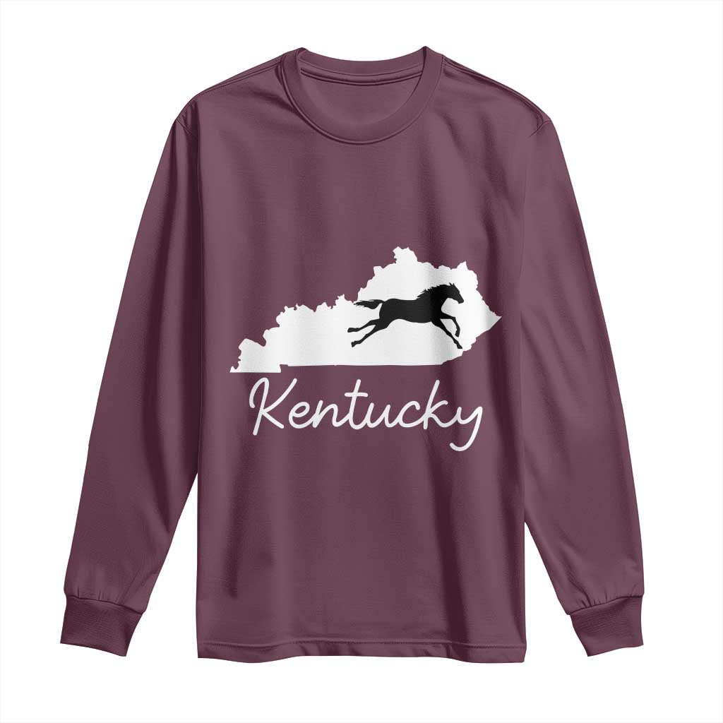 Kentucky State Map with Racing Horse Long Sleeve Shirt Bluegrass State Pride Equestrian TS02 Maroon Print Your Wear