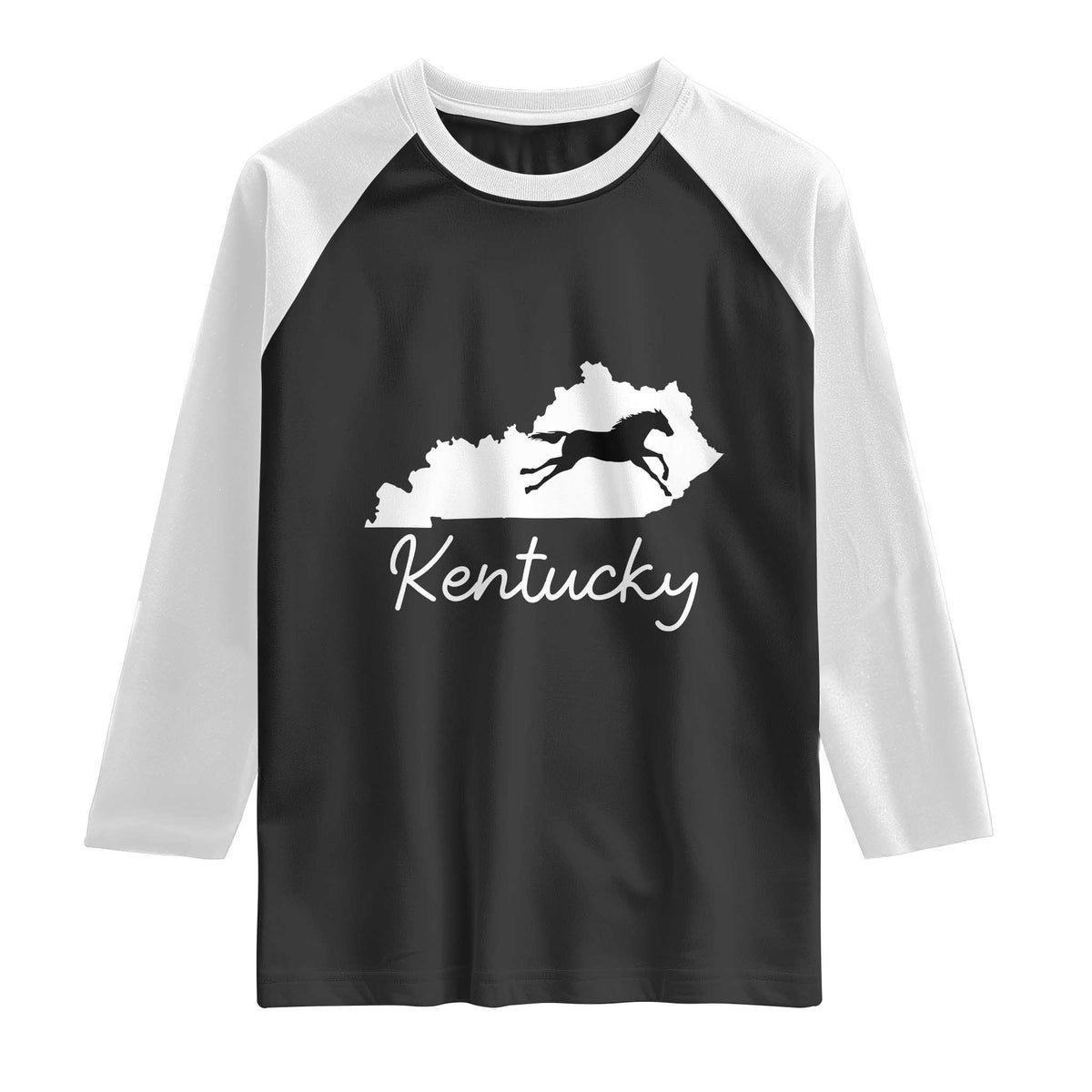 Kentucky State Map with Racing Horse Raglan Shirt Bluegrass State Pride Equestrian TS02 Black White Print Your Wear