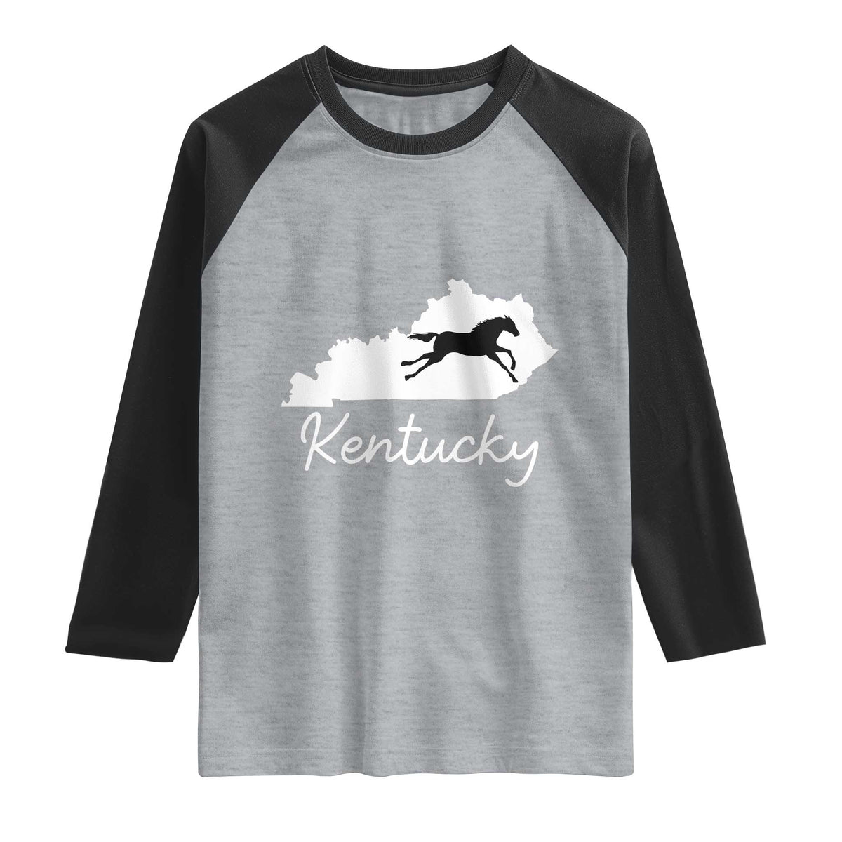 Kentucky State Map with Racing Horse Raglan Shirt Bluegrass State Pride Equestrian TS02 Heather Gray Black Print Your Wear
