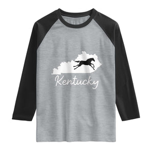 Kentucky State Map with Racing Horse Raglan Shirt Bluegrass State Pride Equestrian TS02 Heather Gray Black Print Your Wear