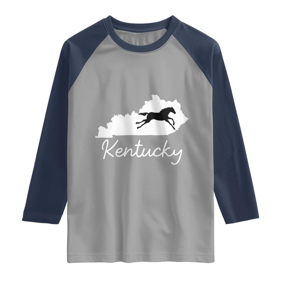 Kentucky State Map with Racing Horse Raglan Shirt Bluegrass State Pride Equestrian TS02 Sport Gray Navy Print Your Wear