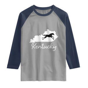 Kentucky State Map with Racing Horse Raglan Shirt Bluegrass State Pride Equestrian TS02 Sport Gray Navy Print Your Wear