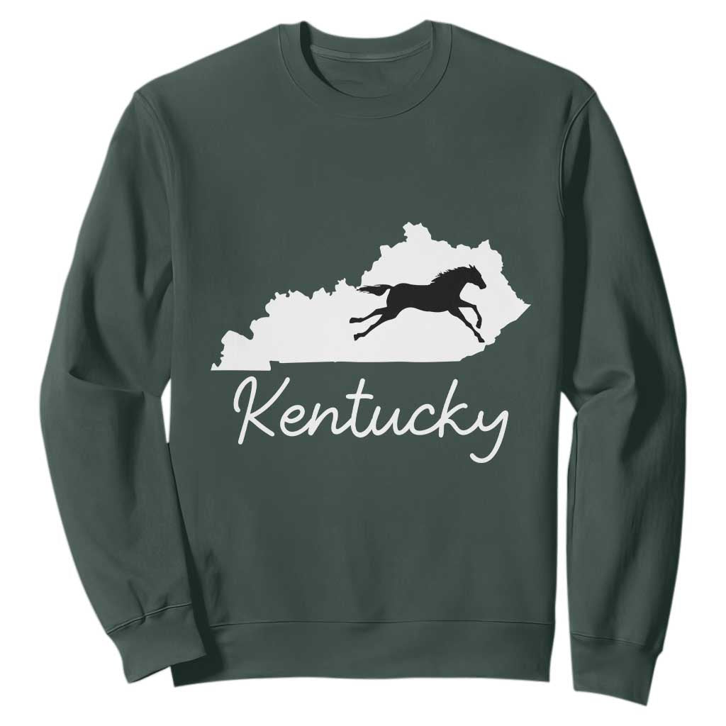 Kentucky State Map with Racing Horse Sweatshirt Bluegrass State Pride Equestrian TS02 Dark Forest Green Print Your Wear