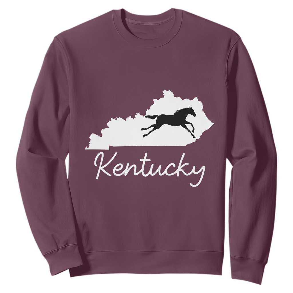 Kentucky State Map with Racing Horse Sweatshirt Bluegrass State Pride Equestrian TS02 Maroon Print Your Wear