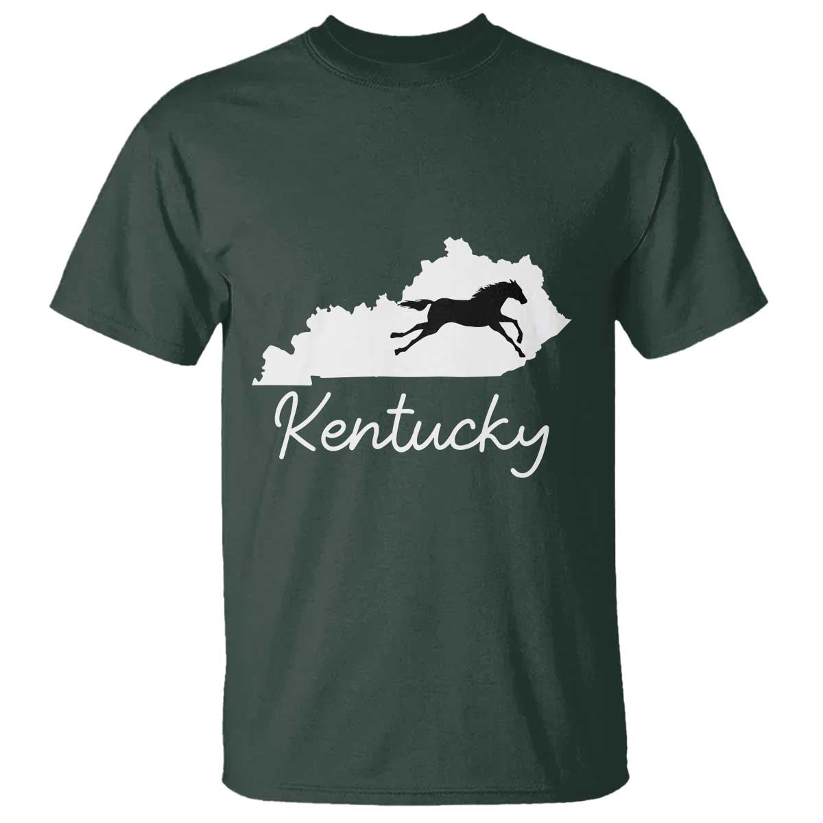 Kentucky State Map with Racing Horse T Shirt Bluegrass State Pride Equestrian TS02 Dark Forest Green Print Your Wear