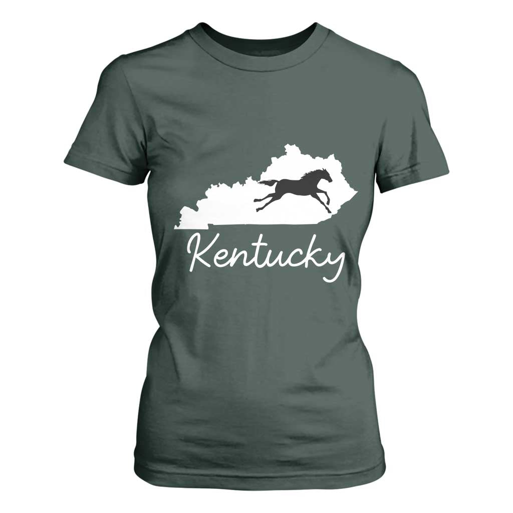 Kentucky State Map with Racing Horse T Shirt For Women Bluegrass State Pride Equestrian TS02 Dark Forest Green Print Your Wear