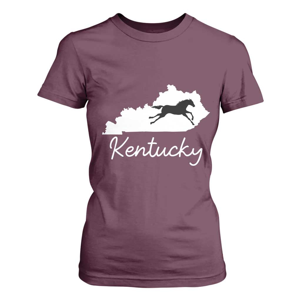Kentucky State Map with Racing Horse T Shirt For Women Bluegrass State Pride Equestrian TS02 Maroon Print Your Wear