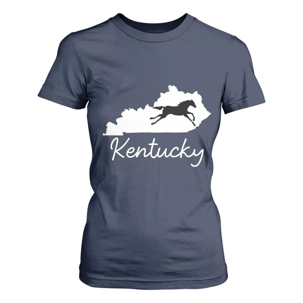 Kentucky State Map with Racing Horse T Shirt For Women Bluegrass State Pride Equestrian TS02 Navy Print Your Wear
