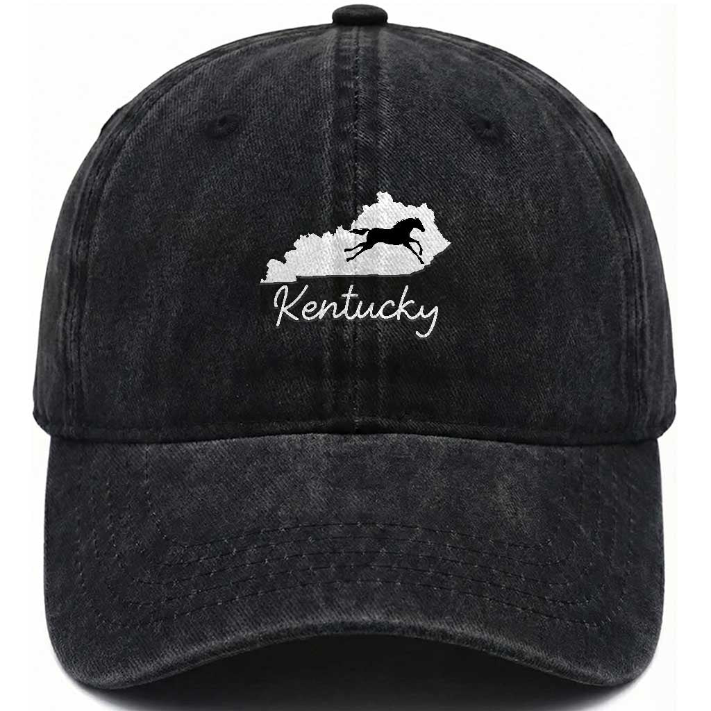 Kentucky State Map with Racing Horse Washed Cotton Baseball Cap Bluegrass State Pride Equestrian TS02 Print Your Wear