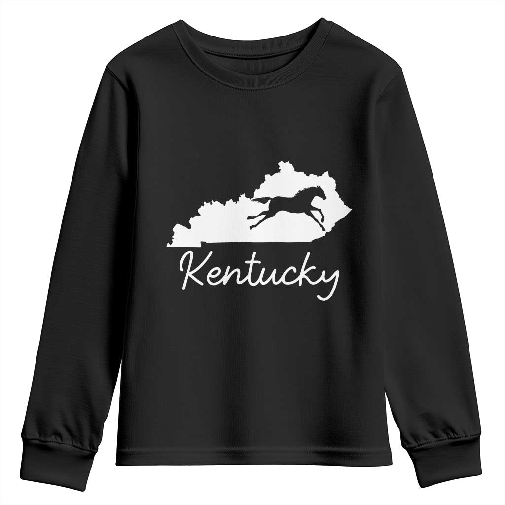Kentucky State Map with Racing Horse Youth Sweatshirt Bluegrass State Pride Equestrian TS02 Black Print Your Wear