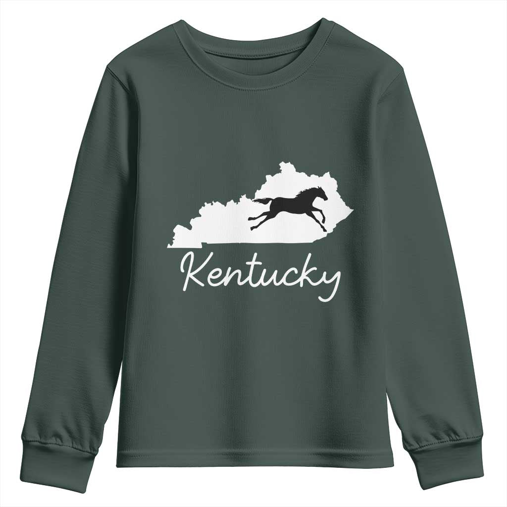 Kentucky State Map with Racing Horse Youth Sweatshirt Bluegrass State Pride Equestrian TS02 Dark Forest Green Print Your Wear