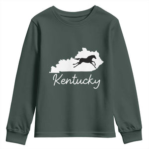Kentucky State Map with Racing Horse Youth Sweatshirt Bluegrass State Pride Equestrian TS02 Dark Forest Green Print Your Wear