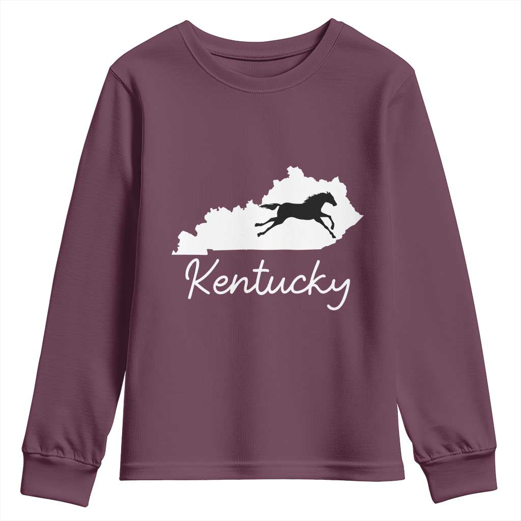 Kentucky State Map with Racing Horse Youth Sweatshirt Bluegrass State Pride Equestrian TS02 Maroon Print Your Wear