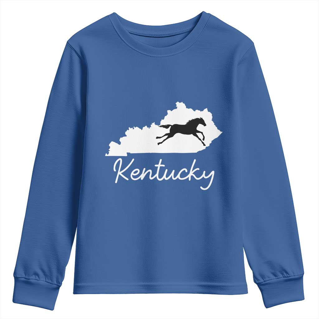 Kentucky State Map with Racing Horse Youth Sweatshirt Bluegrass State Pride Equestrian TS02 Royal Blue Print Your Wear