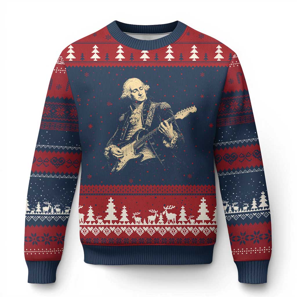 George Washington Rock Star Vintage Portrait Ugly Christmas Sweater Funny Electric Guitar Player Founding Father Retro Aesthetic Patriotic Graphic TS02 Navy Red Print Your Wear