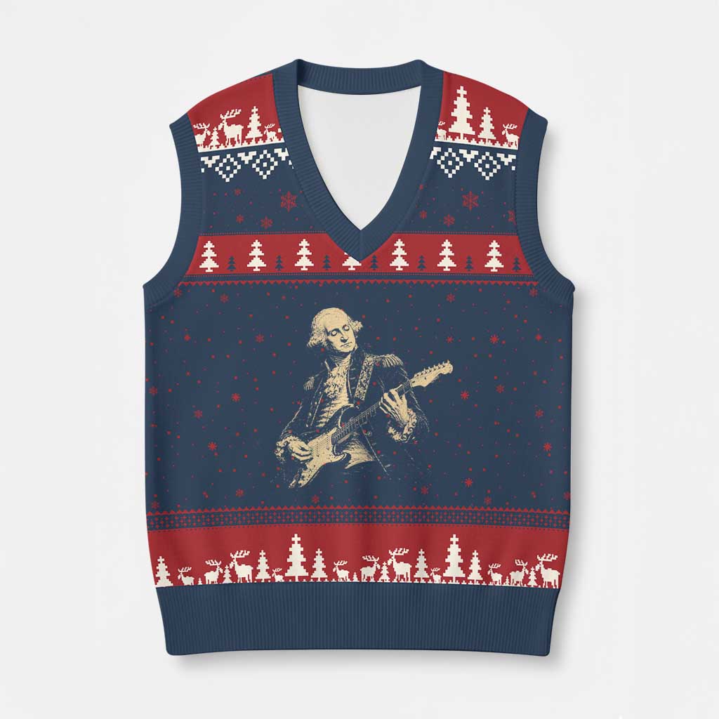 George Washington Rock Star Vintage Portrait V-Neck Knit Sweater Vest Funny Electric Guitar Player Founding Father Retro Aesthetic Patriotic Graphic TS02 Navy Red Print Your Wear