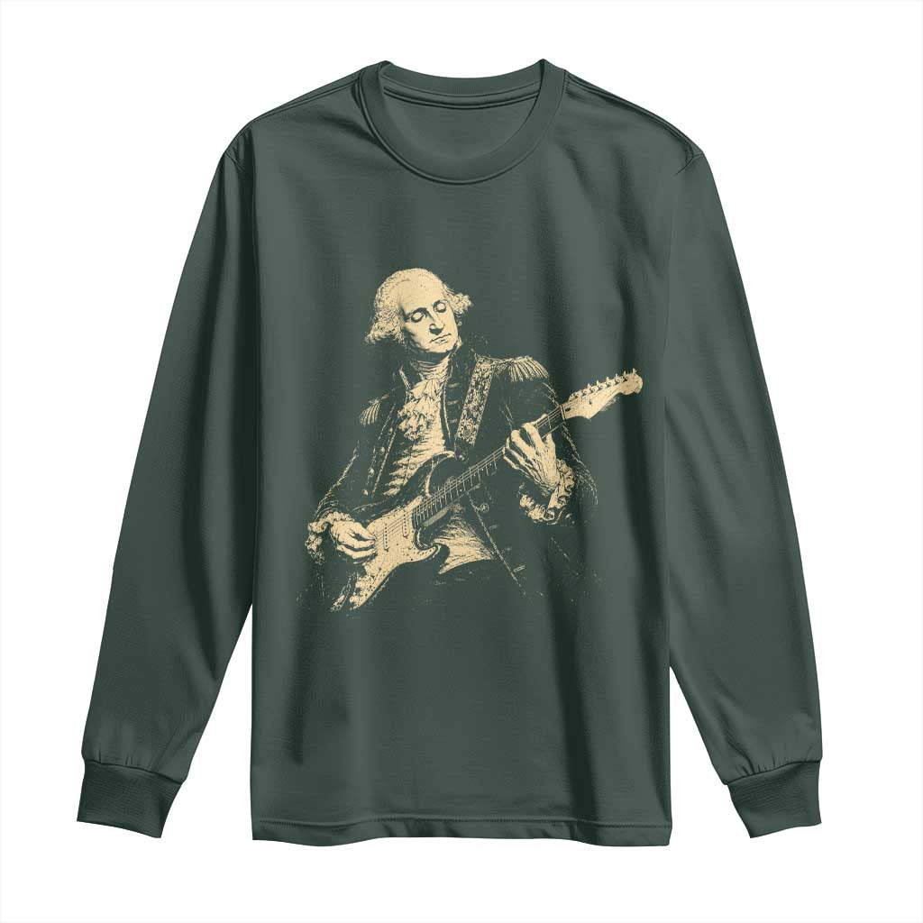 George Washington Rock Star Vintage Portrait Long Sleeve Shirt Funny Electric Guitar Player Founding Father Retro Aesthetic Patriotic Graphic TS02 Dark Forest Green Print Your Wear