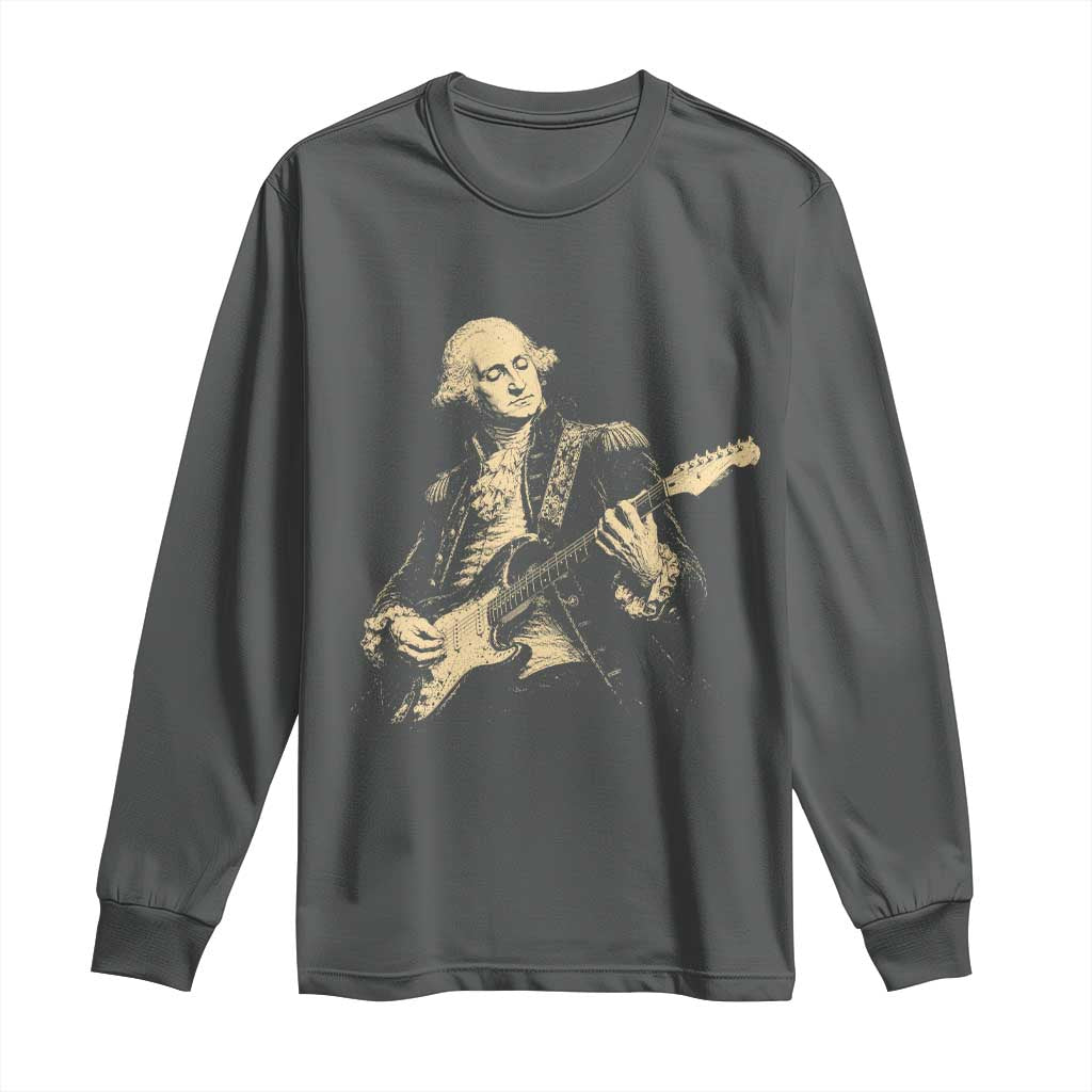 George Washington Rock Star Vintage Portrait Long Sleeve Shirt Funny Electric Guitar Player Founding Father Retro Aesthetic Patriotic Graphic TS02 Dark Heather Print Your Wear