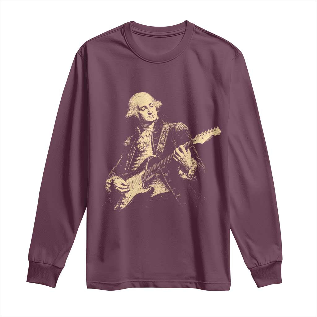 George Washington Rock Star Vintage Portrait Long Sleeve Shirt Funny Electric Guitar Player Founding Father Retro Aesthetic Patriotic Graphic TS02 Maroon Print Your Wear