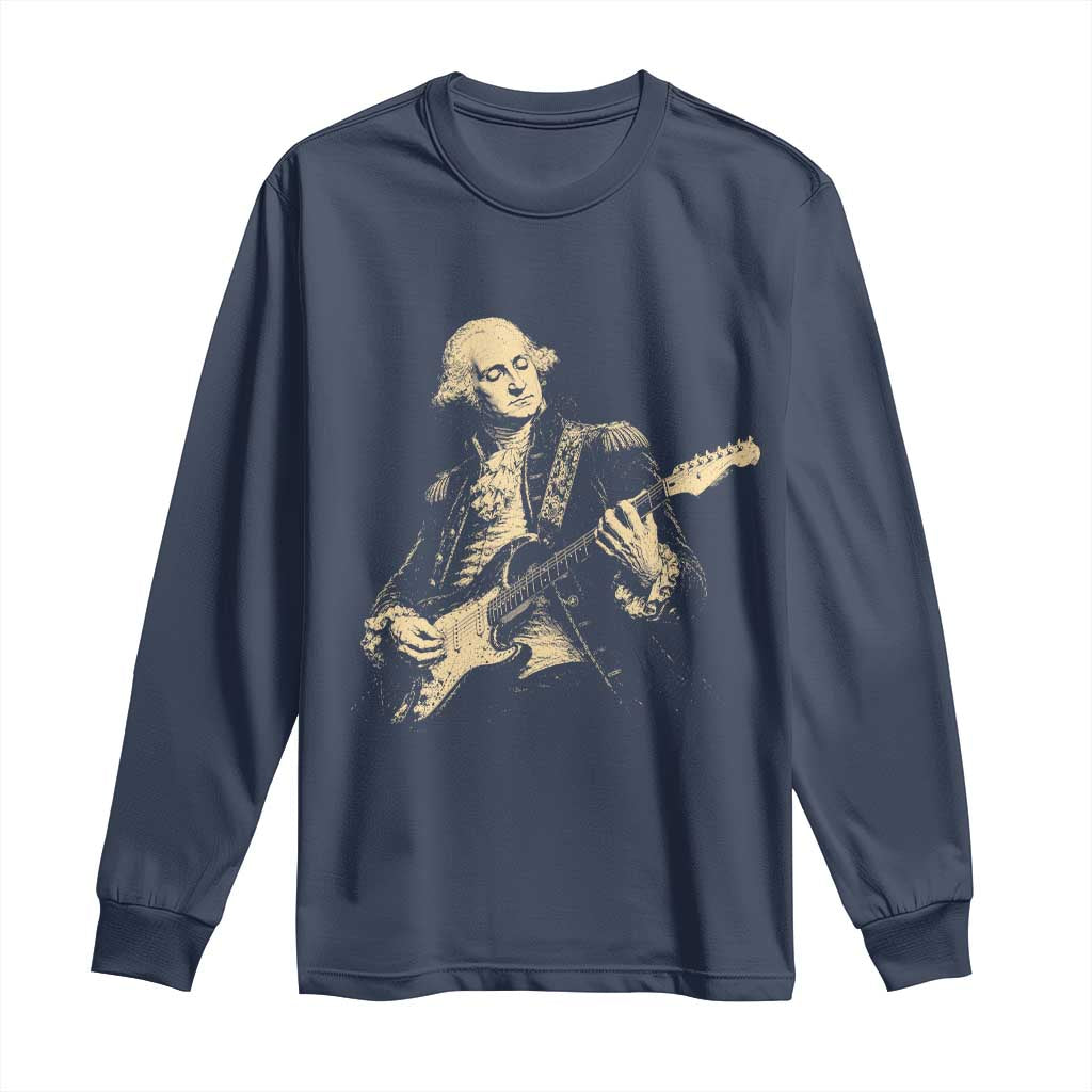 George Washington Rock Star Vintage Portrait Long Sleeve Shirt Funny Electric Guitar Player Founding Father Retro Aesthetic Patriotic Graphic TS02 Navy Print Your Wear