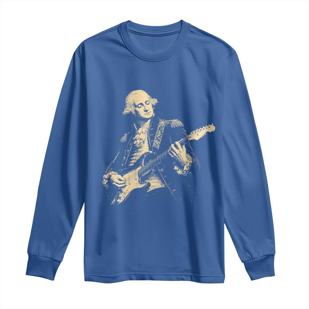George Washington Rock Star Vintage Portrait Long Sleeve Shirt Funny Electric Guitar Player Founding Father Retro Aesthetic Patriotic Graphic TS02 Royal Blue Print Your Wear