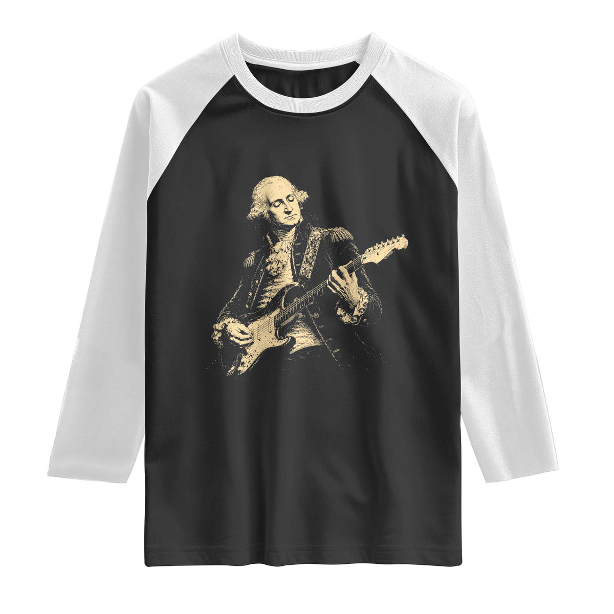 George Washington Rock Star Vintage Portrait Raglan Shirt Funny Electric Guitar Player Founding Father Retro Aesthetic Patriotic Graphic TS02 Black White Print Your Wear