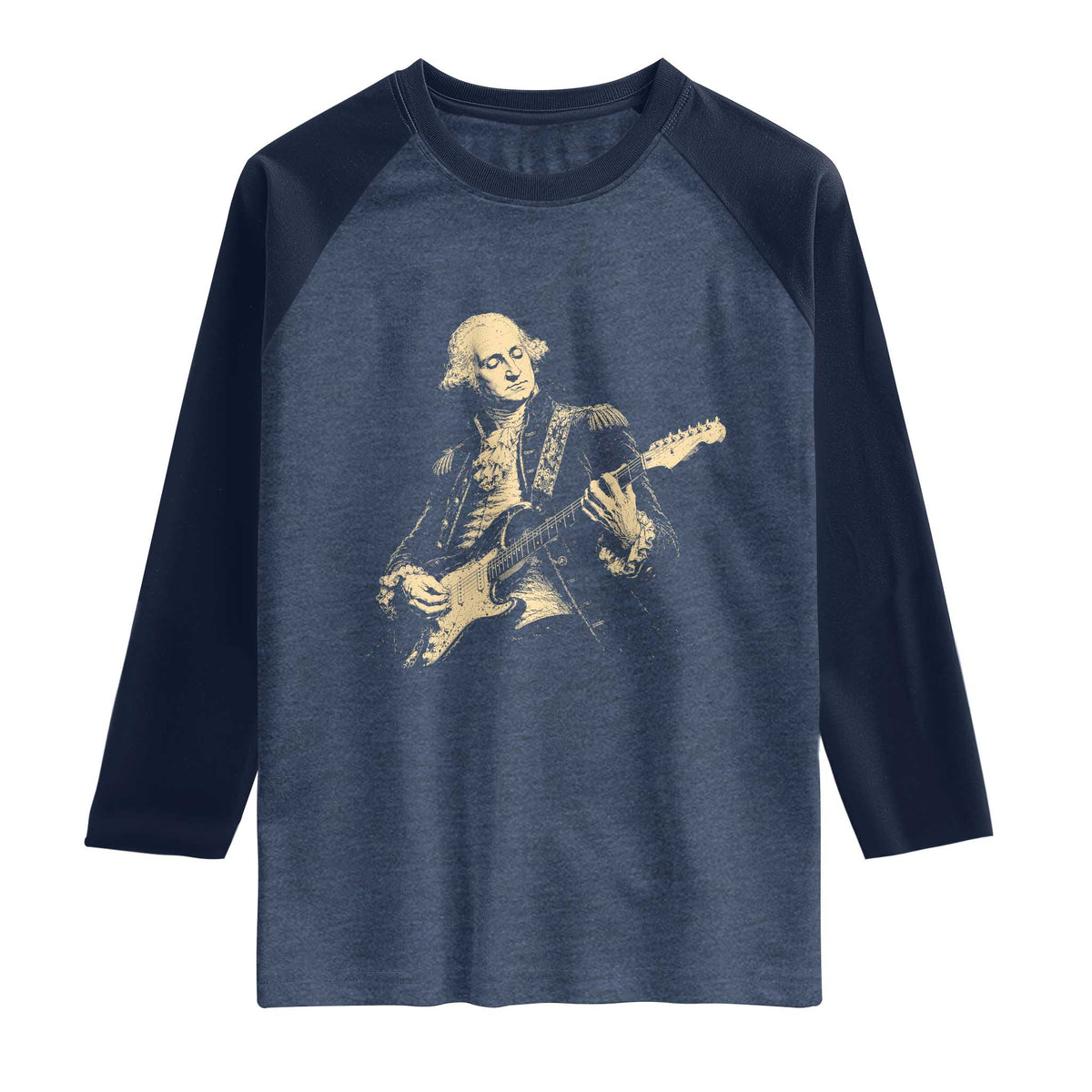 George Washington Rock Star Vintage Portrait Raglan Shirt Funny Electric Guitar Player Founding Father Retro Aesthetic Patriotic Graphic TS02 Heather Denim Navy Print Your Wear