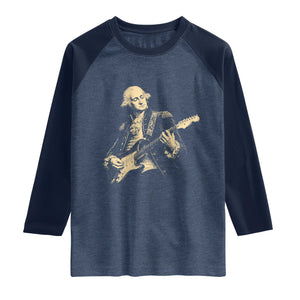 George Washington Rock Star Vintage Portrait Raglan Shirt Funny Electric Guitar Player Founding Father Retro Aesthetic Patriotic Graphic TS02 Heather Denim Navy Print Your Wear